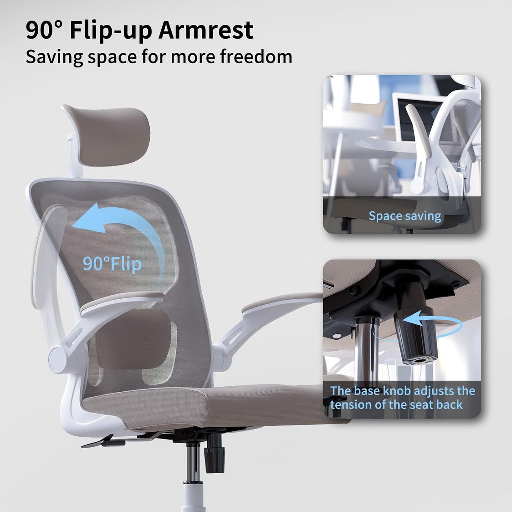 Monhey Office Chair Ergonomic Desk Chair with Lumbar Support&Headrest&Flip-up Arms Height Adjustable Rocking Swivel Computer Chair Multi-Angle from 90° to 125° with 350LBS Capacity (02White+Khaki)