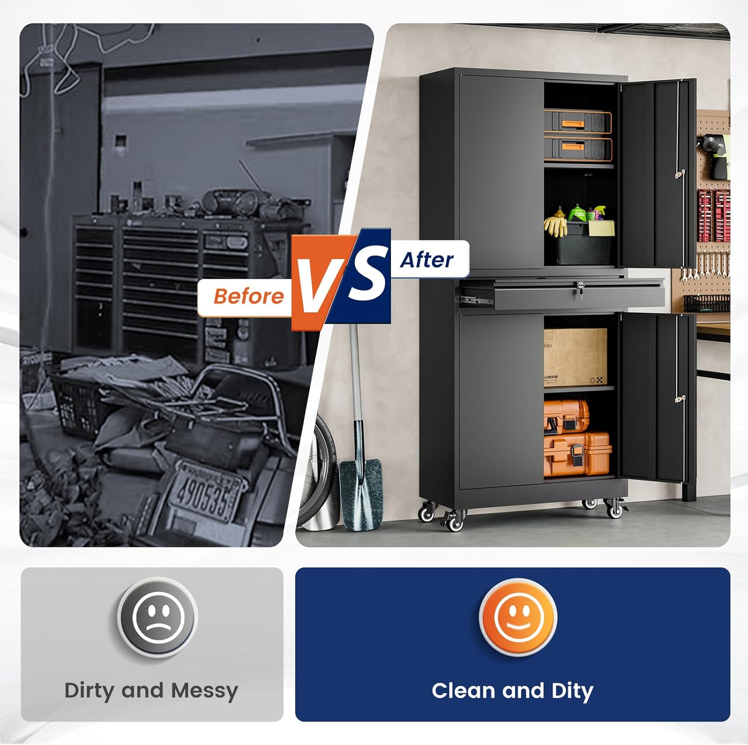 Yizosh Metal Garage Storage Cabinet with Locking Doors and Adjustable Shelves, 73' Rolling Tool Storage Cabinet with 4 Wheels and 1 Drawer for Garage,Warehouse (Black)