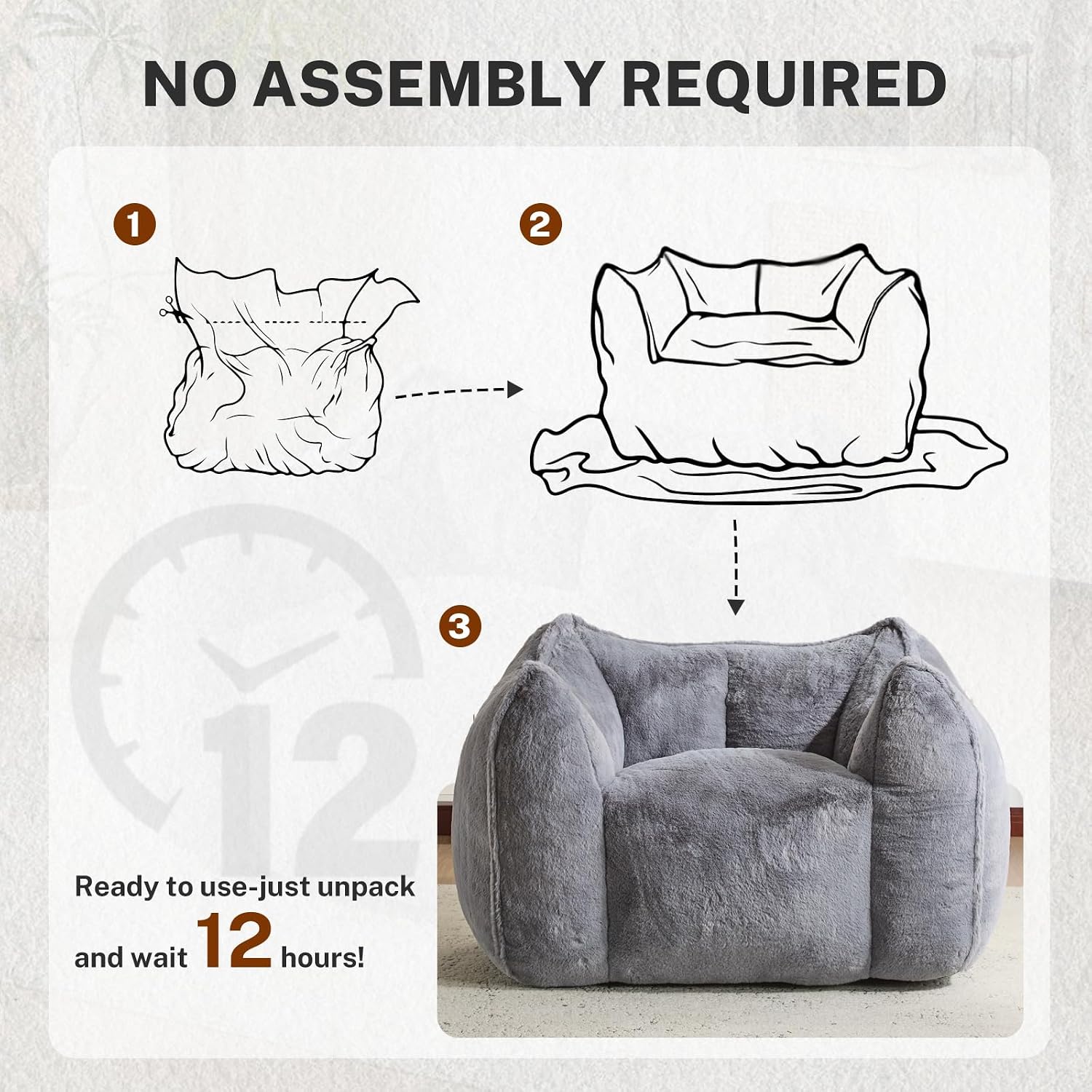 Giant Bean Bag Chair, Comfy Large Bean Bag Chairs for Adults and Kids, Fluffy Faux Rabbit Fur Floor Sofa for Living Room Bedroom Apartment, Grey