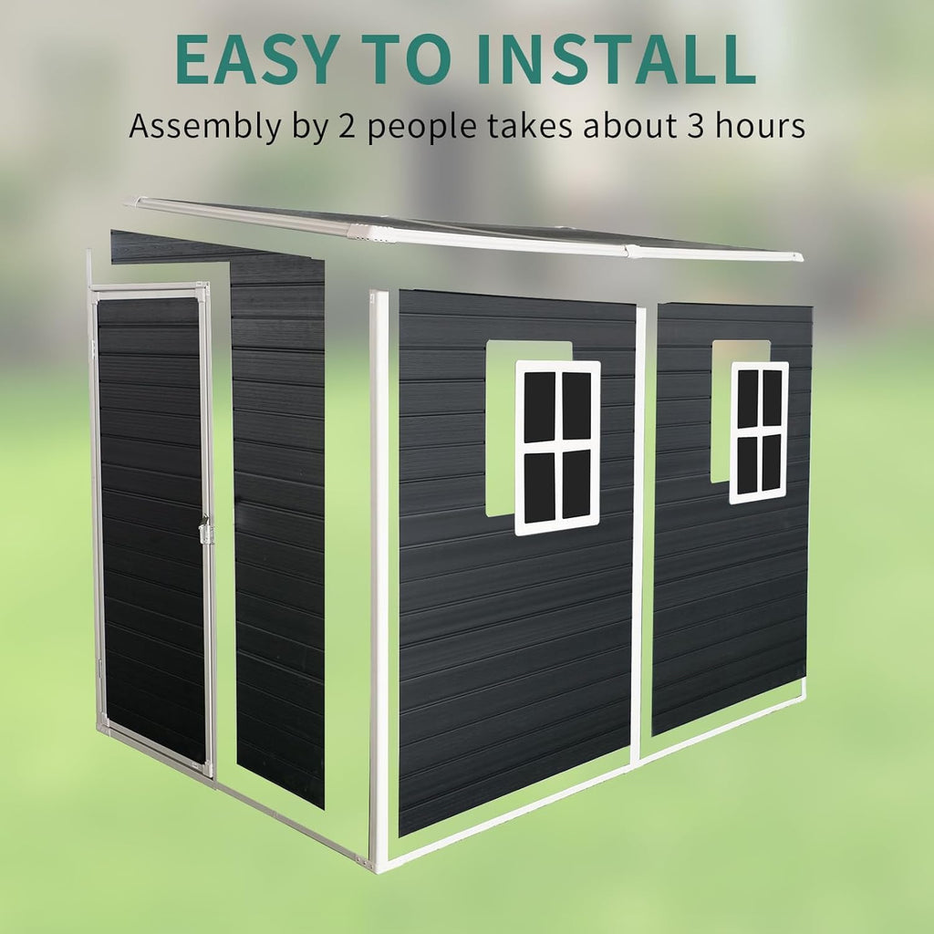 KUIKUI Shed with Floor Included, 8x4ft Storage Sheds, Plastic Lean to Backyard Shed with 2 Windows and Lockable Door, for Garden Tools, Bike, Carbon Black