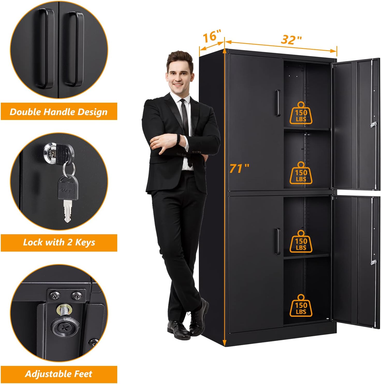 STANI Metal Storage Cabinet, Locking Steel Cabinet with 4 Doors and 2 Adjustable Shelves, 71' Tall Steel Cabinet for Home Office, Garage, School (Black)