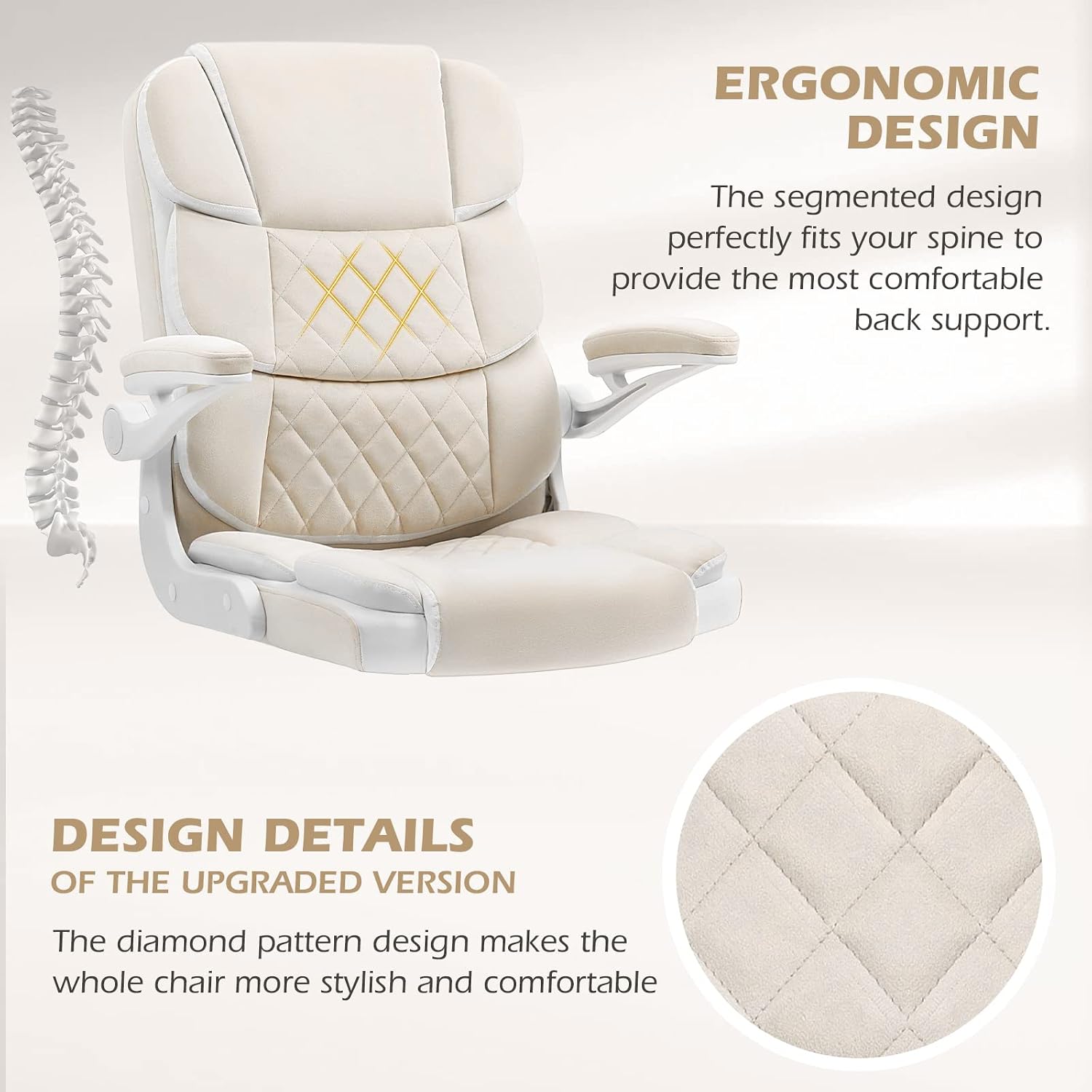 SEATZONE Office Chair Velvet Fabric Ergonomic Executive Computer Desk Chairs Small Cute Rolling Task Chairs for Teens&Adults,Beige