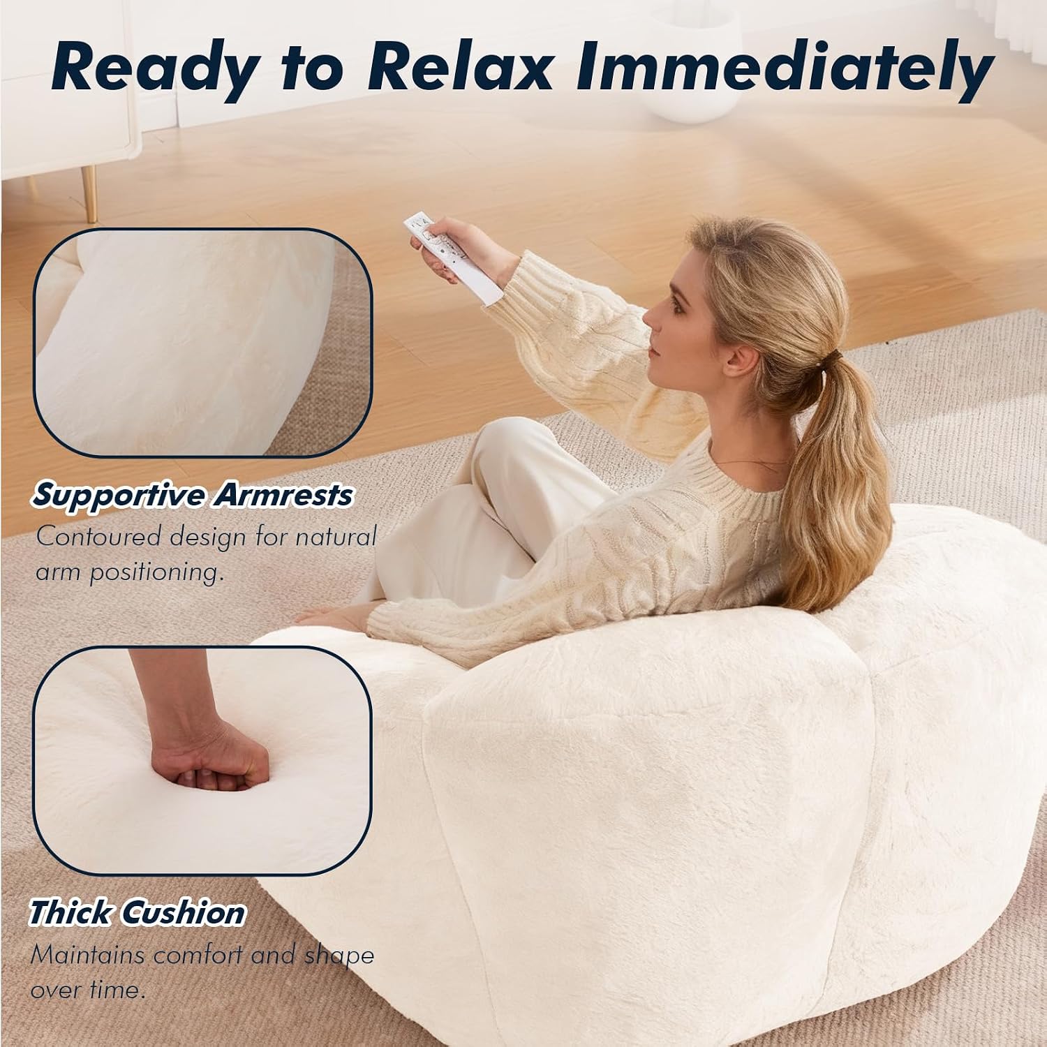 3.28 Feet Bean Bag Chair for Adults, Shell-Shaped Bean Bag Lazy Couch, Faux Fur Cloud Sofa Chair, Lounge Floor Sofa with Filler for Reading, Gaming & Watching, No Assembly Required (Beige)