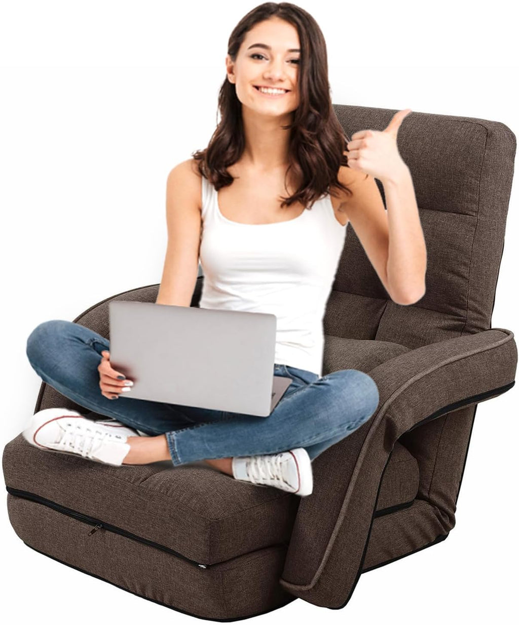 42-Position Adjustable Floor Chair, Chaise Lounge Chair Indoor,Comfy Folding Lazy Sofa Chair for Adults with Armrests and a Pillow Padded,Gaming Chairs for Living Room,Bedroom,Fabric,Brown