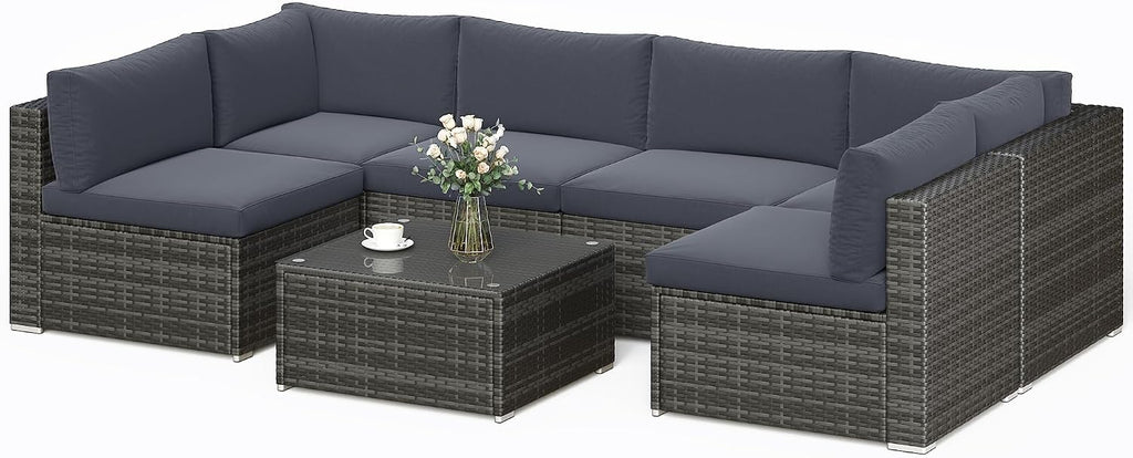 SUNVIVI OUTDOOR 8-Piece Modular Outdoor Patio Furniture Set, Wicker Outdoor Sectional Sofa with 45' Fire Pit Table, All-Weather Rattan with Cushions and Coffee Table for Porch Garden Backyard, Grey