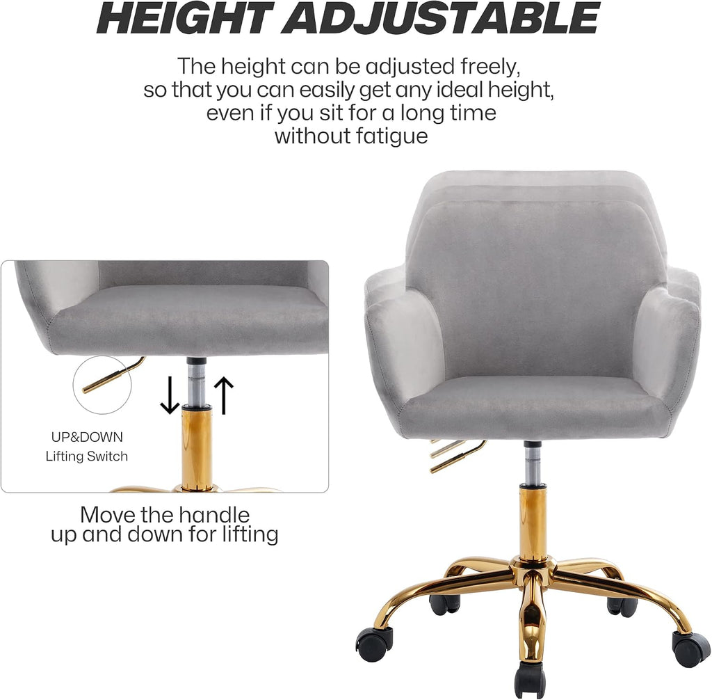 KCC Velvet Office Desk Chair, Comfy Swivel Modern Leisure Armchair with Wheels, Upholstered Comfy Velvet Fabric Makeup Chair Height Adjustable for Teens Women Girls Elegant Home Office, Gray