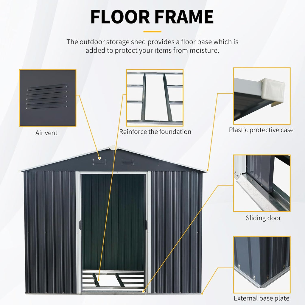 8ft x 10ft Outdoor Metal Storage Shed with Floor Base,Black