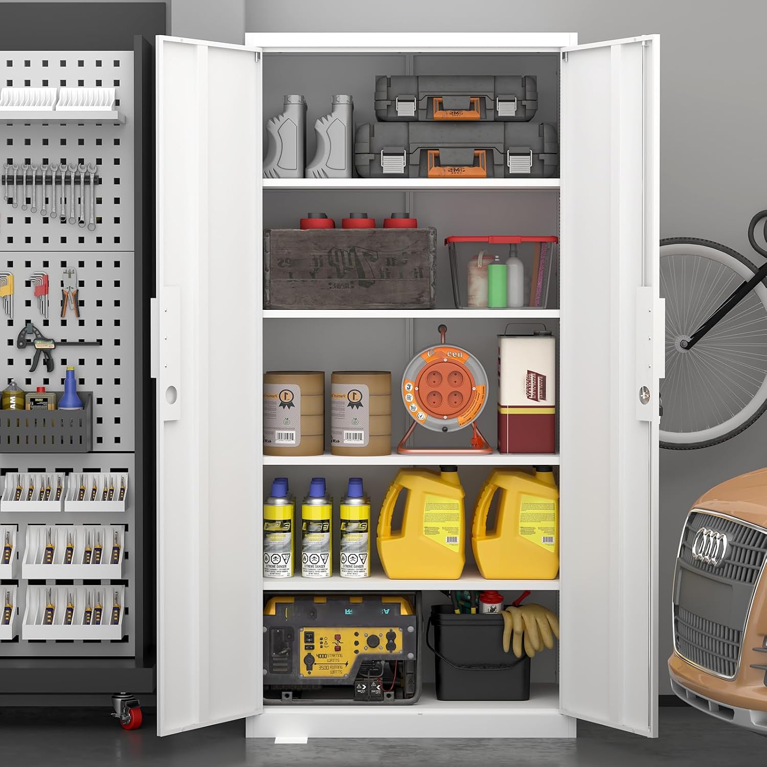 IRONFFICE Metal Locking Cabinet,Metal Storage Cabinet with Doors and Shelves,Tall White Cabinets for Home Office,Garage,Warehouse