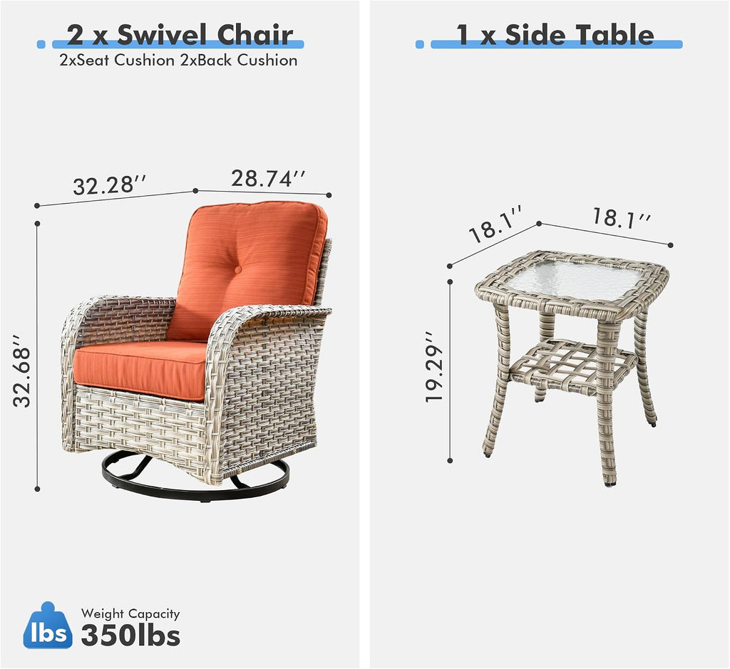 Outdoor Swivel Rocker Patio Chairs with Side Table,Wicker Swivel Rocking Chair Set of 2,3PCS High Back Wicker Patio Furniture Set Glider Chairs for Porch, Balcony, Deck,Yard,Orange Red