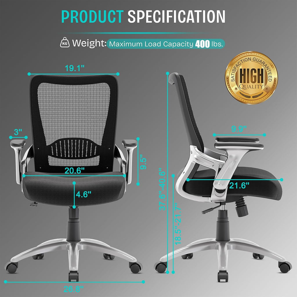 SUNNOW Office Chair, Ergonomic Computer Desk Chair, Sturdy Executive Task Chair - Adjustable Lumbar Support, Flip-up Arms, Tilt Function, Comfy Wide Seat, Swivel Mesh Home Office Desk Chairs (Black)