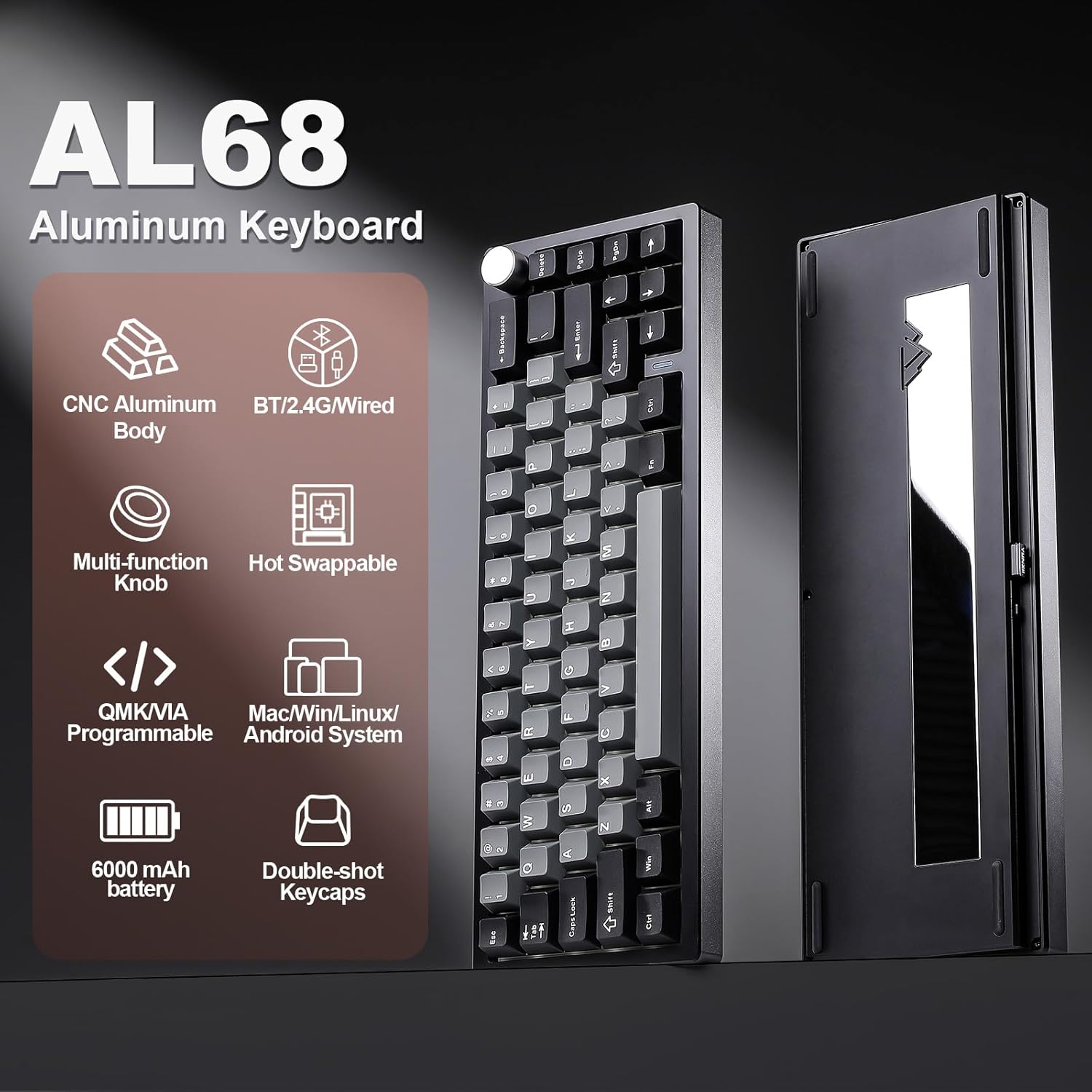 YUNZII AL68 Wireless Mechanical Keyboard,Full Aluminum CNC,60% Layout with Knob, QMK/VIA Software,Gasket Mounted,Hot Swappable,RGB Backlit,BT/2.4G/USB-C for Mac/Win (Black, Cocoa Cream V2)