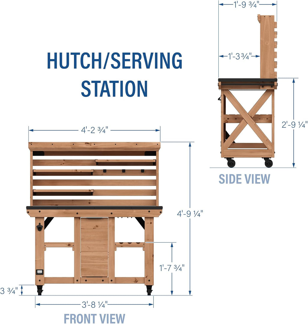 Backyard Discovery 48' Cedar Wood Buffet Hutch Serving Station with Galvanized Steel Countertop, Wine Rack, Wine Glass Rack, Trash Bin, Modular Shelves, Towel Bar, Drink and Food Prep, Indoor/Outdoor