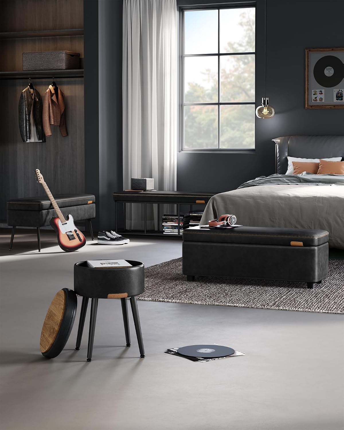 VASAGLE EKHO Collection - Storage Ottoman Bench, Entryway Bedroom Bench, 25 Gallons, Synthetic Leather with Stitching, Mid-Century Modern, Safety Hinges, Loads 660 lb, Ink Black ULOM075B01