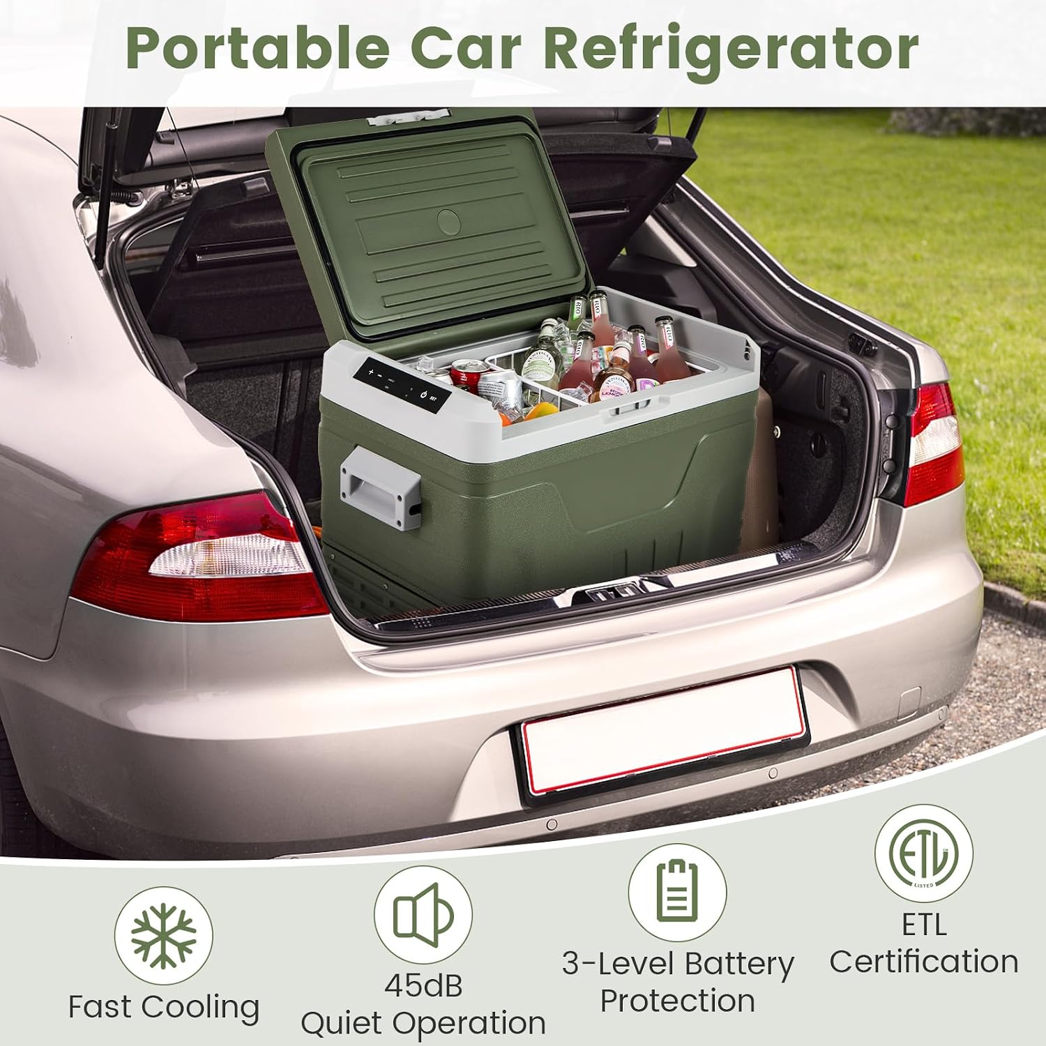 COSTWAY Car Refrigerator with Wheels, 53-Quart Electric Cooler, 12V/24V DC, 100-240V AC, -4°F To 68°F, Portable Car Fridge Freezer with Pull Handle & 2 Wheels for RV Camping, Black