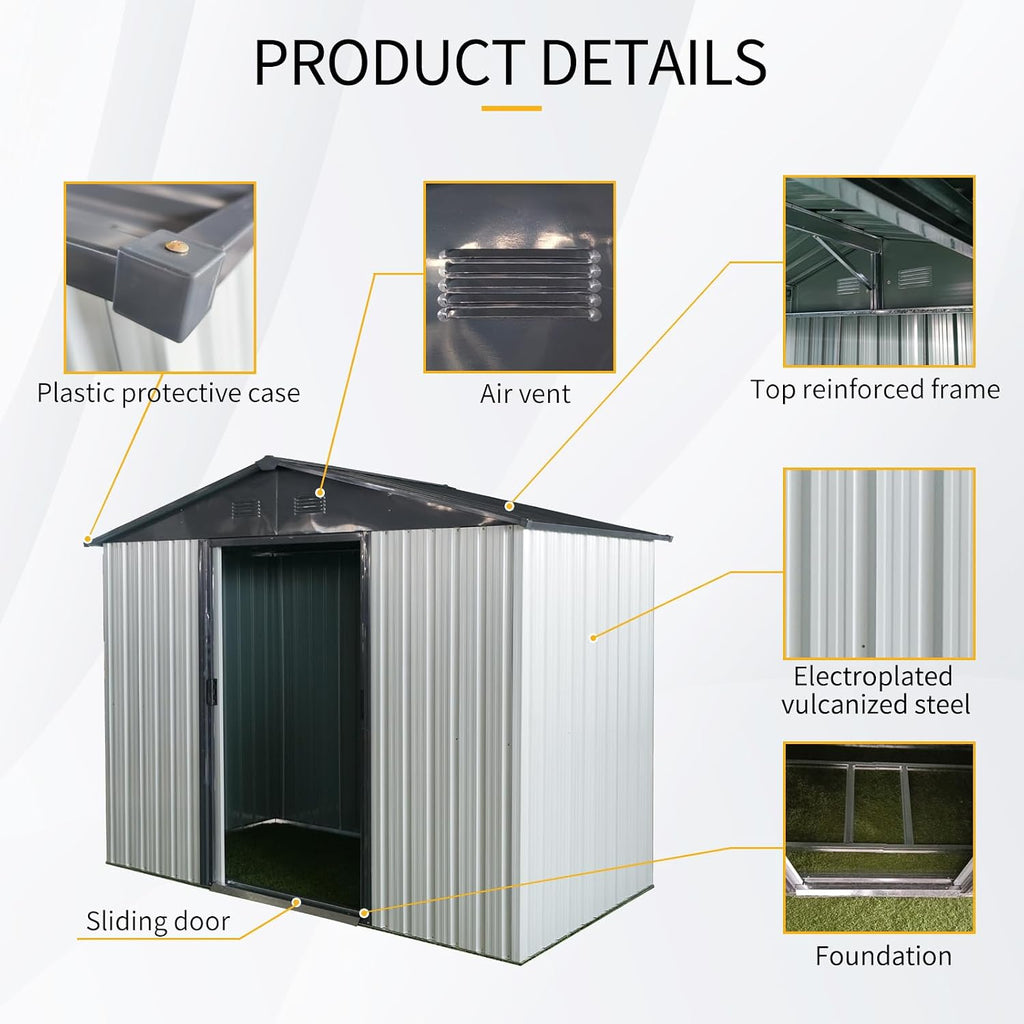 8ft 4ft Outdoor Metal Storage Shed with Sliding Door & Foundation – Durable, Weather -, Lockable for, Tools & Equipment