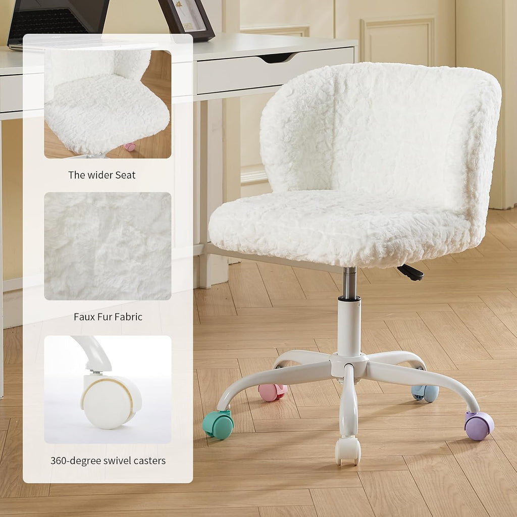 White Faux Fur Vanity Chair, Adjustable Swivel Home Office Chair with Colorful Wheels and Metal Base, Cute Makeup Chair for Women, Teens & Girls(White)