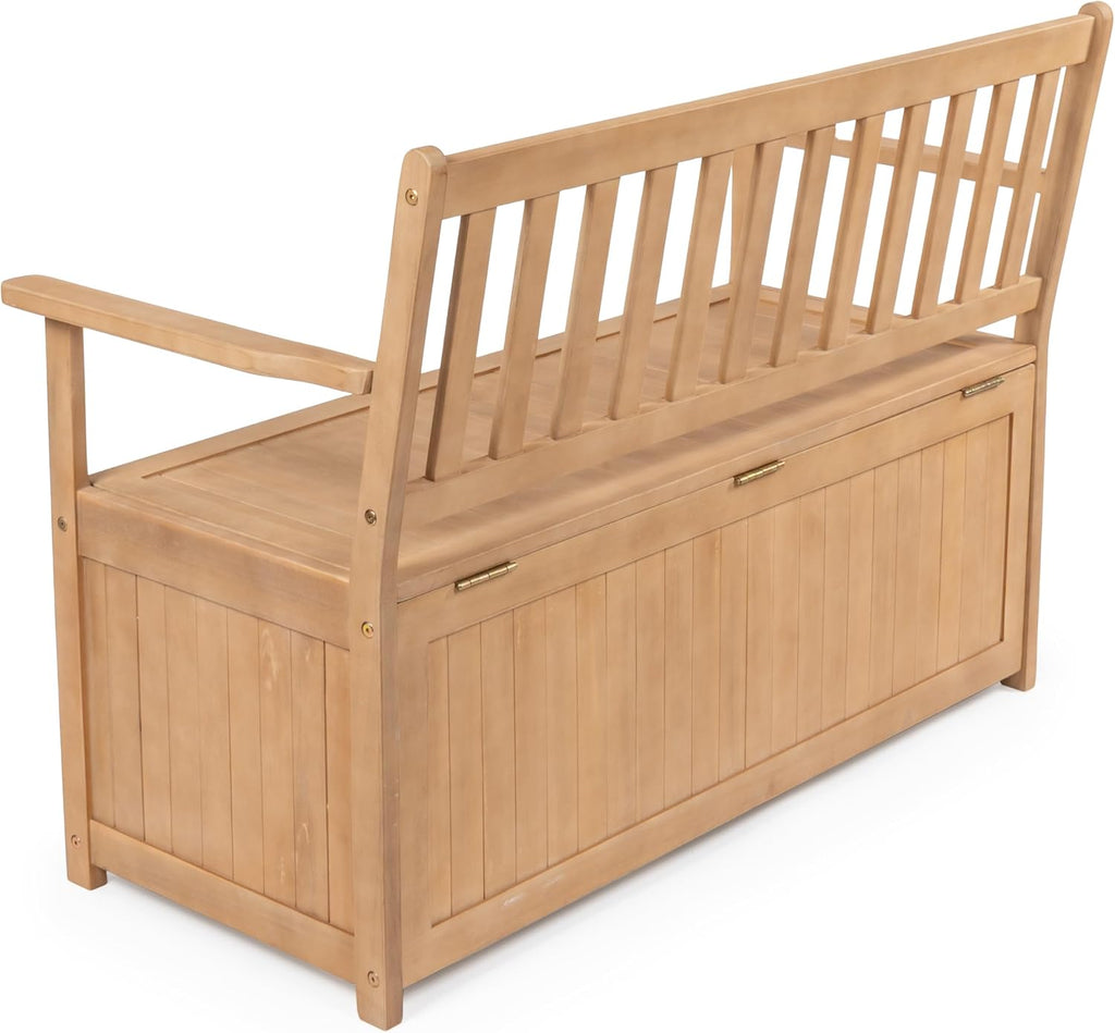 happimess STB1000A Sophie 48' Traditional Farmhouse Lift-Top Acacia Wood Storage & Entry Bench, Light Teak Matte Finish, with Seating & Armrest for Patio, Garden, Porch, Backyard, Poolside