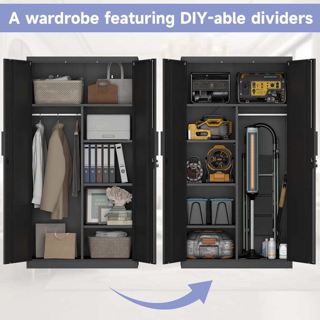 IRONFFICE Metal Storage Cabinet,Steel Armoire Wardrobe Closet with Adjustable Shelves,Hanging Rod,Almirah for Clothes,Locking Wardrobe Cabinet for Bedroom,Home,Black
