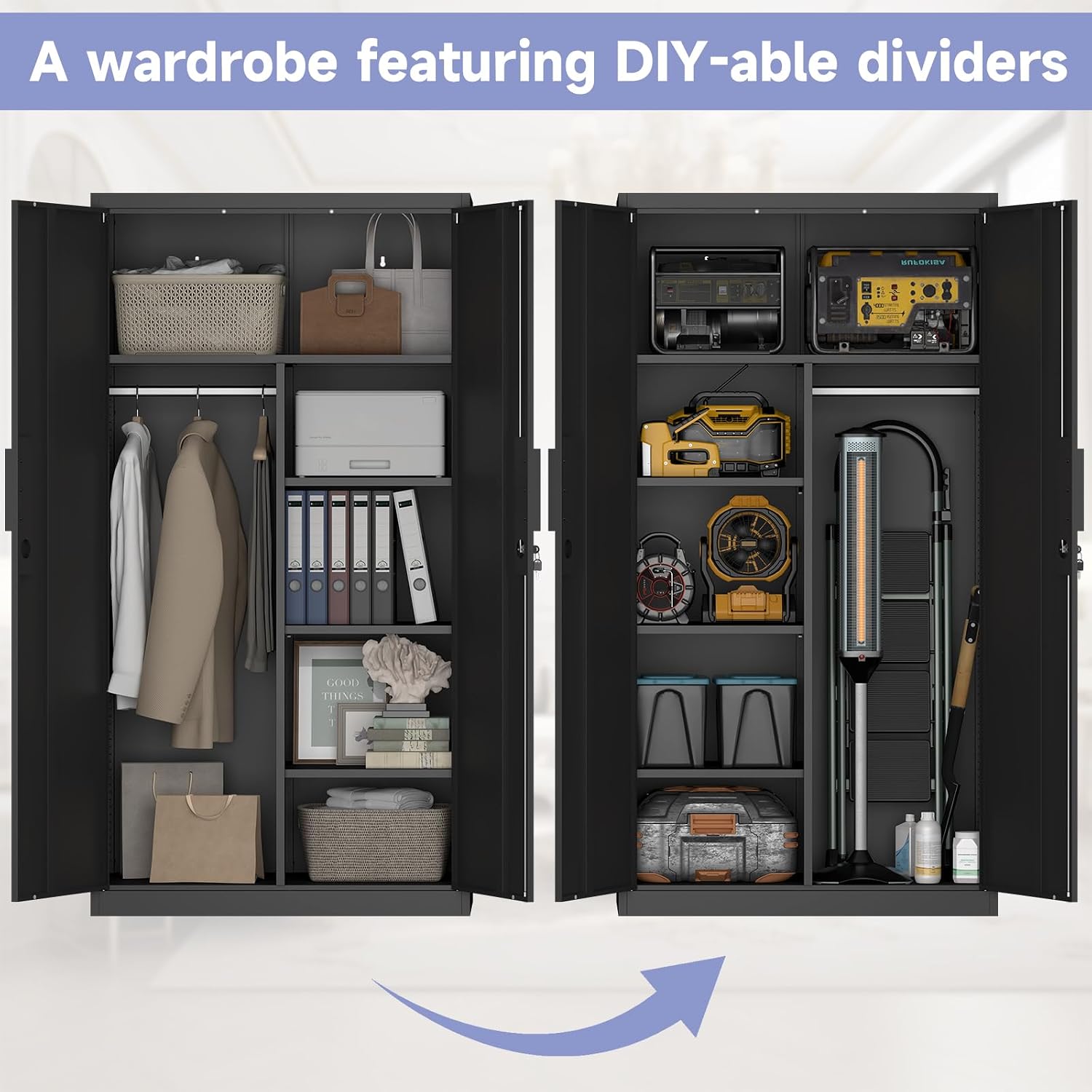 IRONFFICE Metal Storage Cabinet,Steel Armoire Wardrobe Closet with Adjustable Shelves,Hanging Rod,Almirah for Clothes,Locking Wardrobe Cabinet for Bedroom,Home,Black