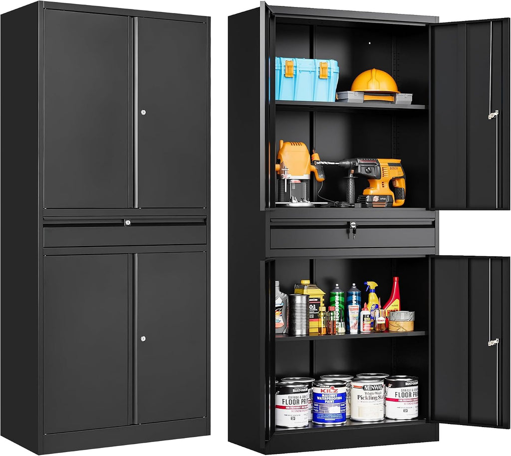 SISESOL Metal Garage Storage Cabinet with Drawer and Lock,Black Metal Storage Cabinet with Locking Doors and Adjustable Shelves,71' Tall Large Steel Tool Cabinets for Home,Office,Garage,Shop