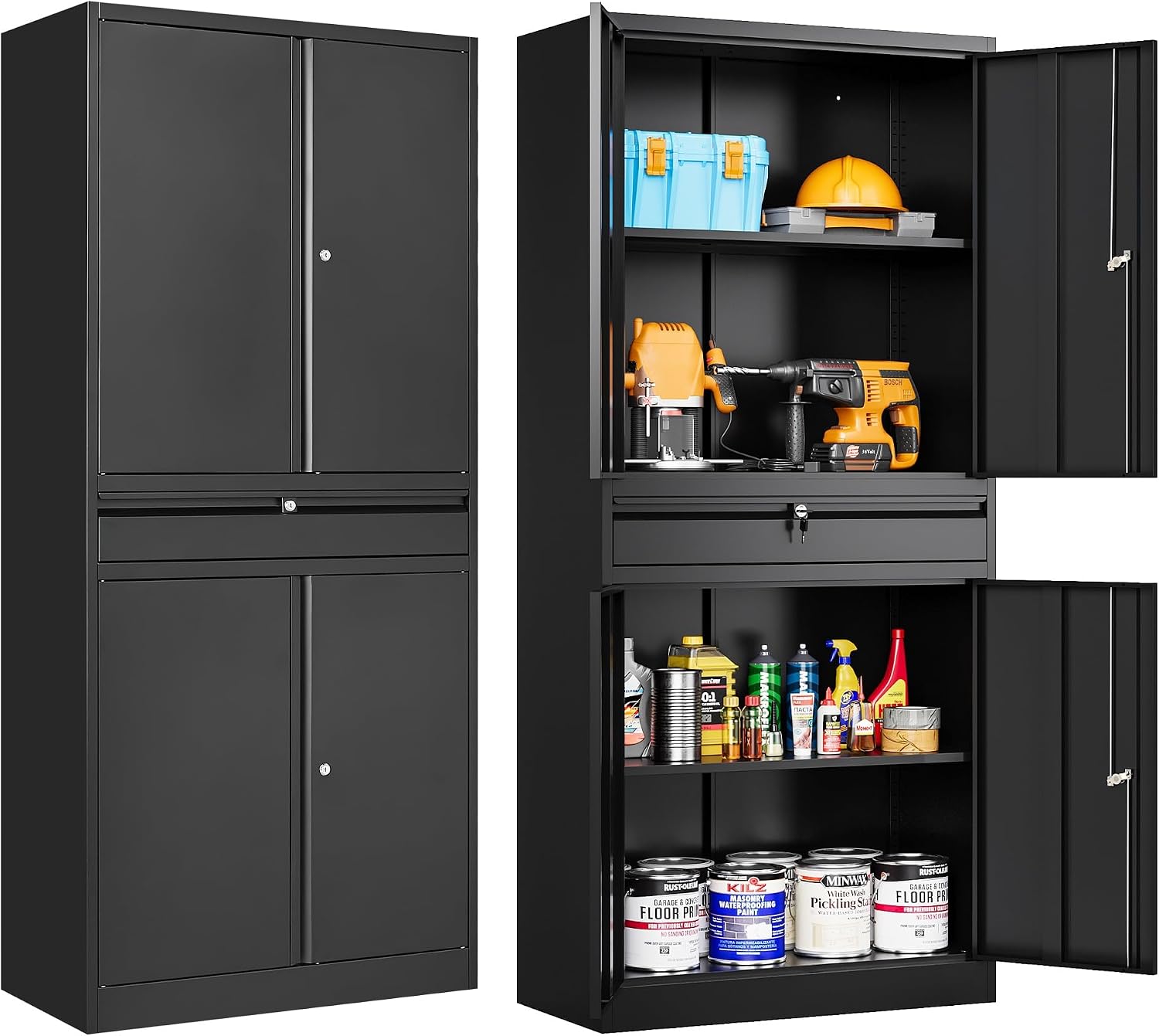 SISESOL Metal Garage Storage Cabinet with Drawer and Lock,Black Metal Storage Cabinet with Locking Doors and Adjustable Shelves,71' Tall Large Steel Tool Cabinets for Home,Office,Garage,Shop