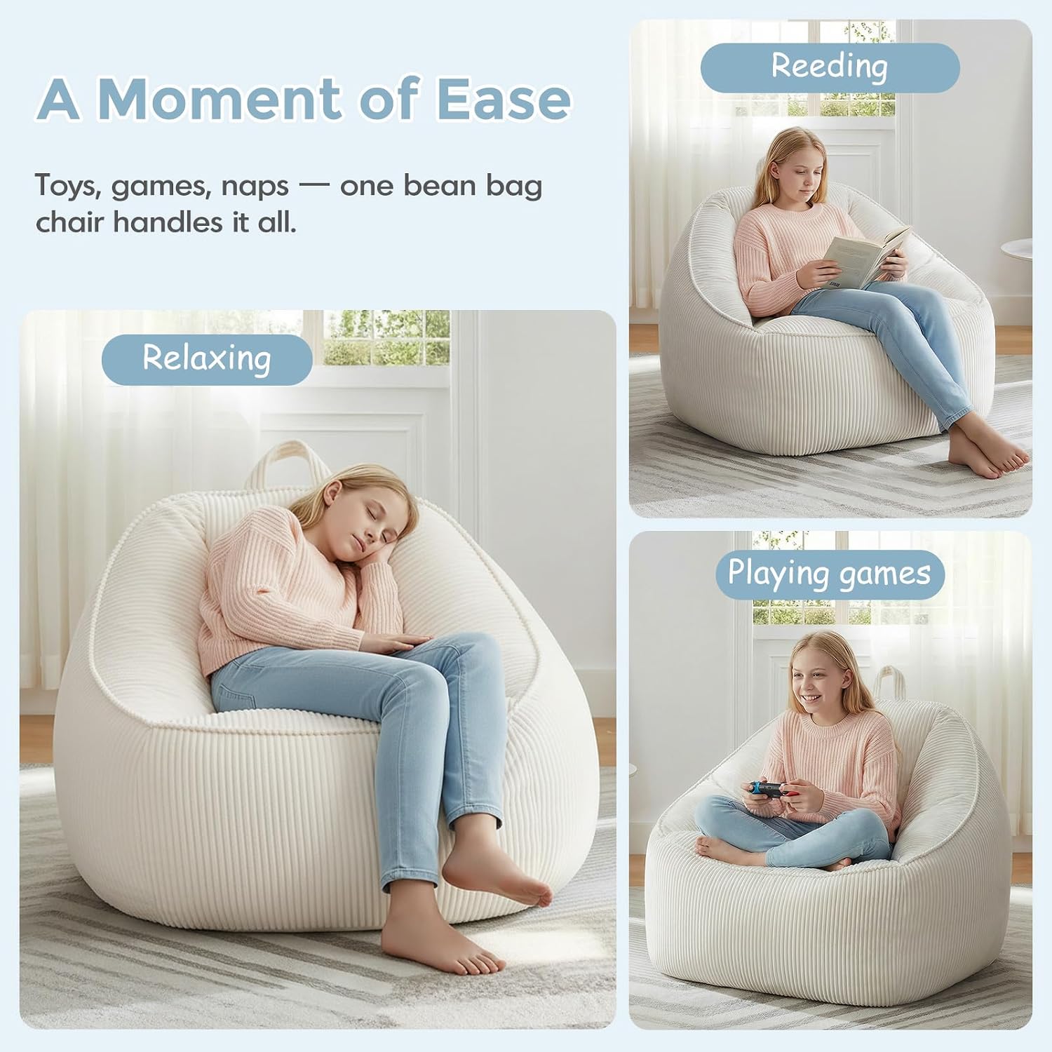 HUGHEAVEN Large Bean Bag Chairs for Kids,Bean Bag Chairs for Kids 8-12,Comfy Bean Bag Sofa with Back Support,Big Bean Bag Couch & Chair for Bedroom, Floor Sofa for Relaxing and Reading,Beige