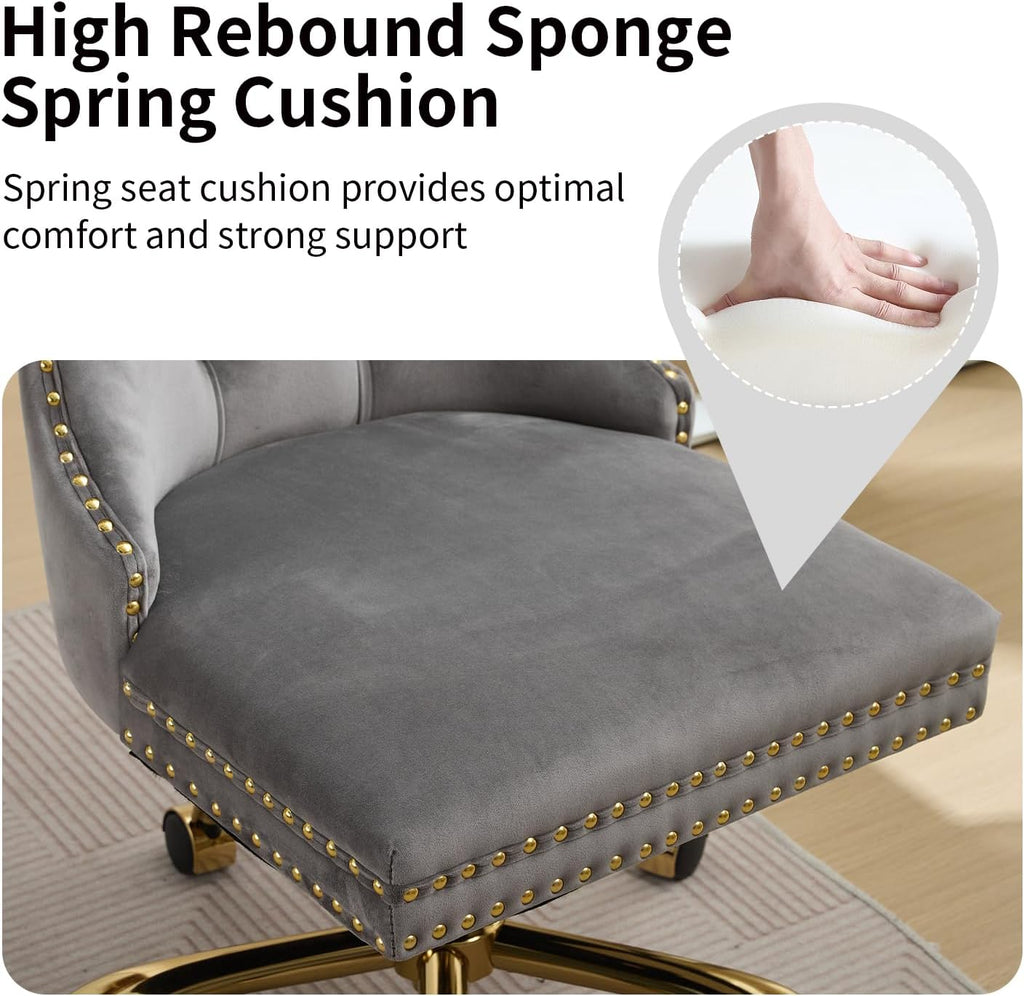 Grey Velvet Home Office Desk Chair with Wheels & Gold Base, Modern Swivel Comfy Office Chair Vanity Chair Task Chair, Upholstered Adjustable Wingback Armless Desk Chair for Home Office,Bedroom,Grey