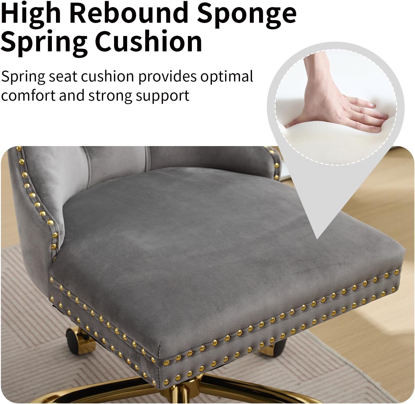 Grey Velvet Home Office Desk Chair with Wheels & Gold Base, Modern Swivel Comfy Office Chair Vanity Chair Task Chair, Upholstered Adjustable Wingback Armless Desk Chair for Home Office,Bedroom,Grey