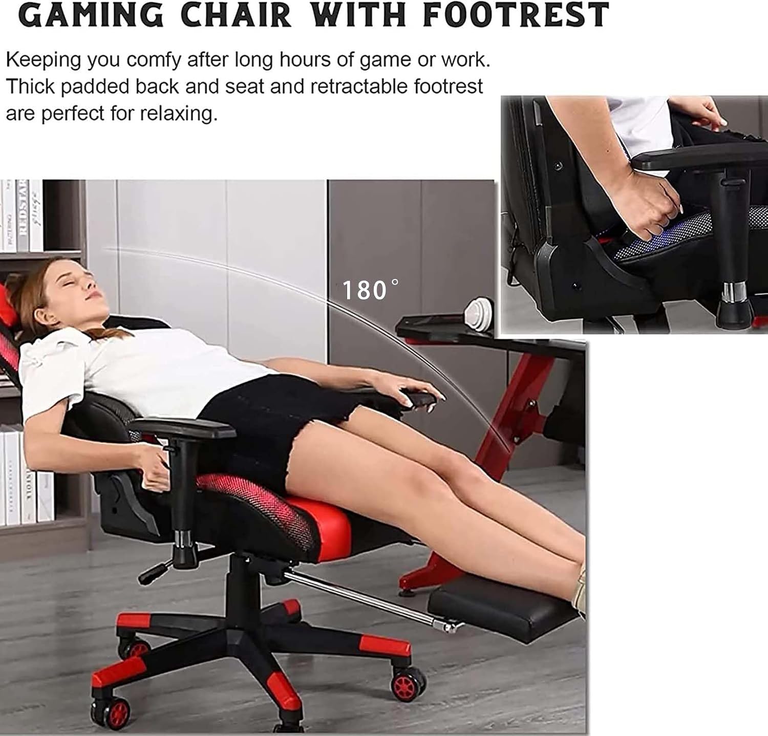 Ergonomic Gaming Chair with RGB and Massage Function, Video Gaming Chair with Speakers, Footrest and Lumbar Support, Reclining Gaming Chair Office Chair for Adults, Teens,Red