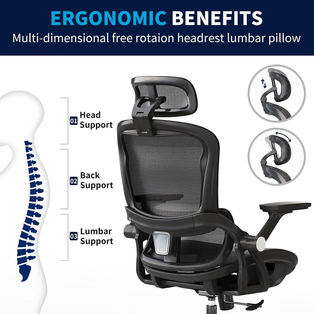 Office Chair Ergonomic Desk Chair with Lumbar Support&Headrest&Flip-up Arms Height Adjustable Rocking Swivel High Back Computer Chair Multi-Angle from 90° to 130° with 350LBS Capacity(04black)