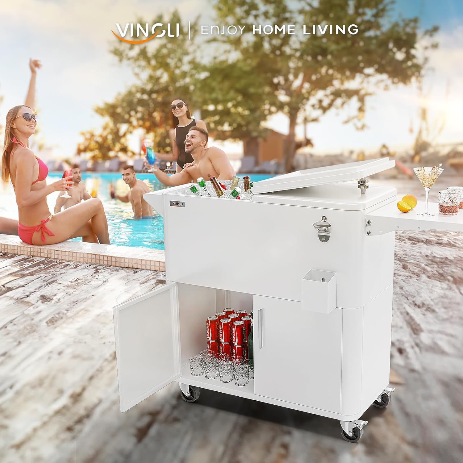 VINGLI Patio Cooler, Ice Chest with Storage Cabinet, Bottle Opener Drainage, Outdoor Cooler for Party, Deck, Pool