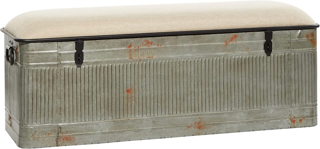 Deco 79 Metal Room Storage Bench Galvanized Entryway Bench with Cream Burlap Top, Bench 50' x 16' x 18', Gray