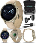 Garmin Venu 4-41mm AMOLED Advanced Health & Fitness GPS Smartwatch, Colorful Display, Built-in Flashlight, Lunar Gold w/Bone Silicone & Light Sand Leather Bands w/Wearable4U Black Earbuds Bundle