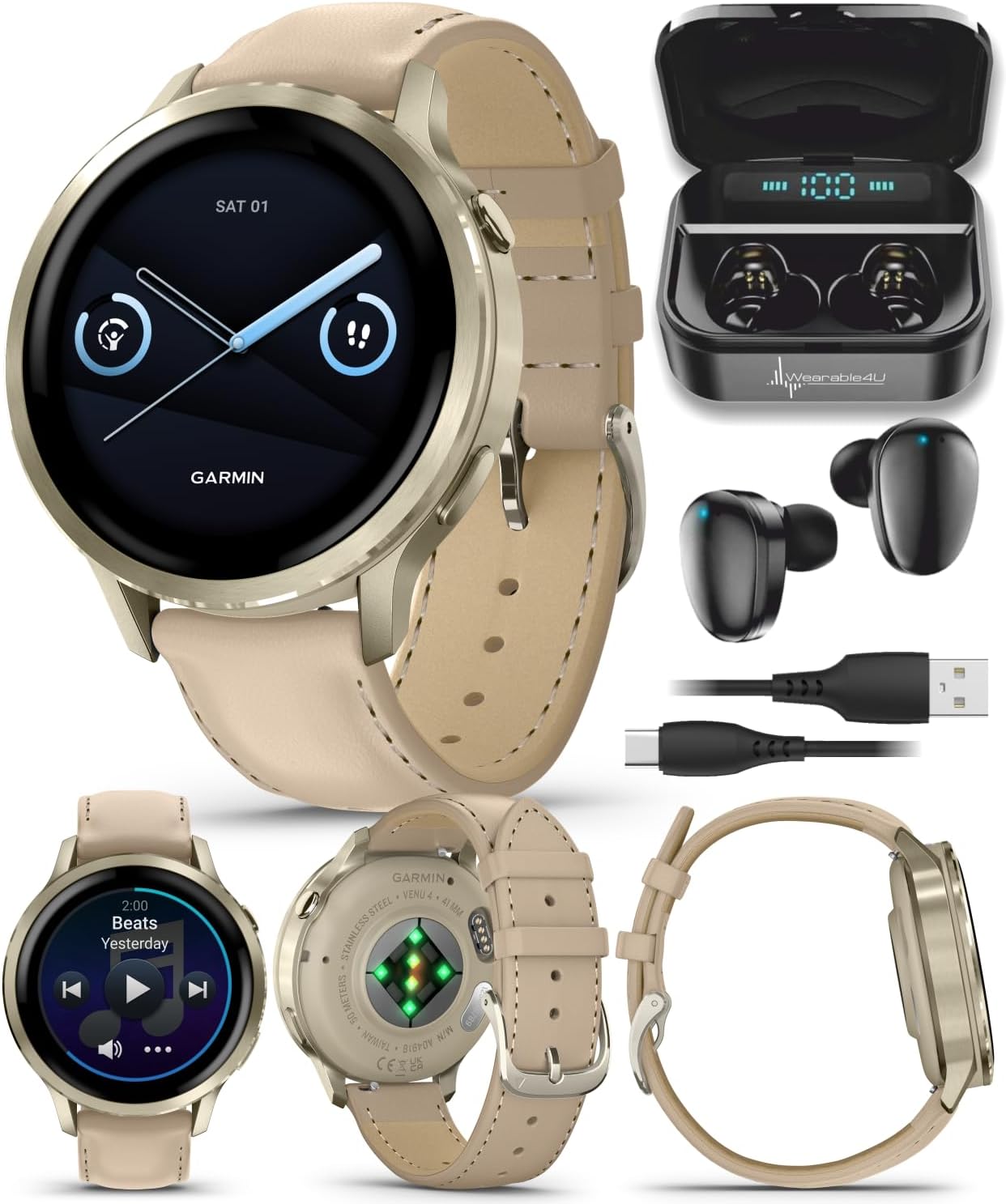 Garmin Venu 4-41mm AMOLED Advanced Health & Fitness GPS Smartwatch, Colorful Display, Built-in Flashlight, Lunar Gold w/Bone Silicone & Light Sand Leather Bands w/Wearable4U Black Earbuds Bundle
