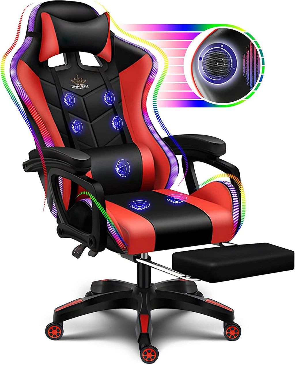 Gaming Chair with LED Light, Ergonomic Chair with Massage and Bluetooth Speaker, Executive Office Chair with Footrest, 360° Rotation,90-135° Adjustable,Suitable for Office, Bedroom, Gaming