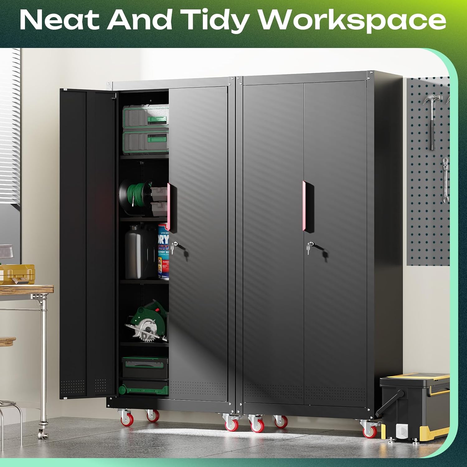 Kelueo 71' H Garage Storage Cabinet with Wheels,Metal Cabinets with 4 Adjustable Shelves and 2 Locking Doors for Garage,Home,Office,Shop,Black