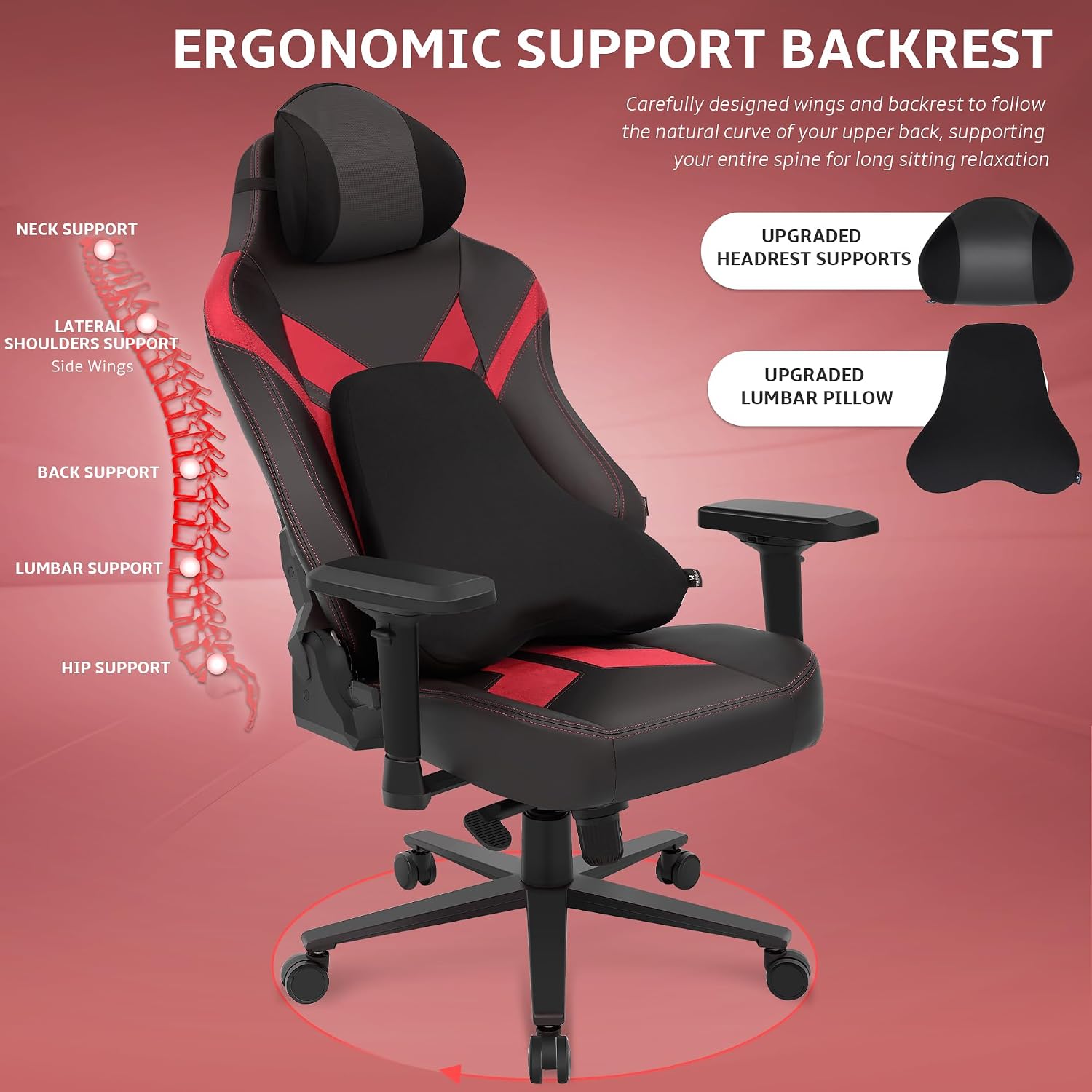 Ergonomic Gaming Chair, Computer Desk Chairs, 4D Armrests, High Back Office Chair with Headrest & Lumbar Pillow, Tilt Rocker Recliner, Heavy-Duty Base, Black PU Leather & Red Suede Combo