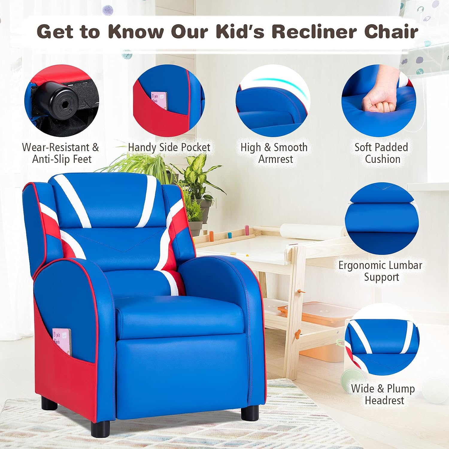 MAT EXPERT Kids Recliner Sofa, Gaming Chair w/Footrest, Arms & Side Pocket Storage, Adjustable Leather Kids Couch Lazy Boy Armchair Reading Chair, Toddler Lounge Chair for Boys Girls Age 3+ (Blue)