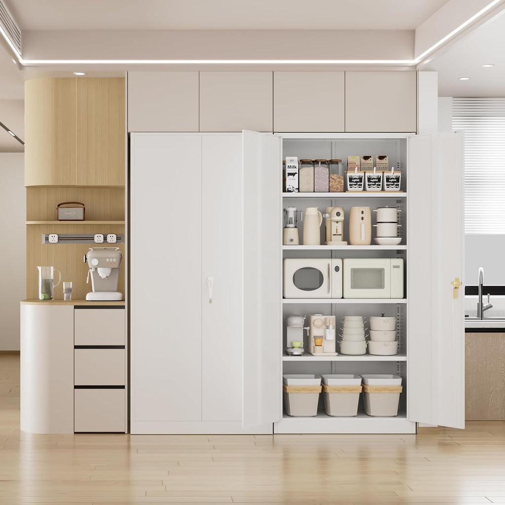 Pataku Metal Storage Cabinet, Garage Cabinet with Doors and Shelves Lockable Steel Multifunctional Cabinets, White File Cabinets for Home, Office, Garage, Warehouse