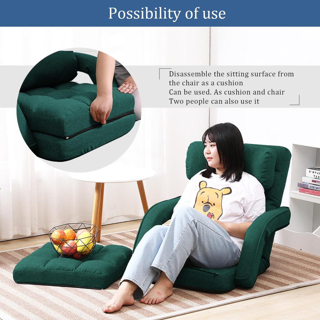 42-Position Adjustable Floor Chair, Chaise Lounge Chair Indoor,Comfy Folding Lazy Sofa Chair for Adults with Armrests and a Pillow Padded,Gaming Chairs for Living Room,Bedroom,Fabric,Green