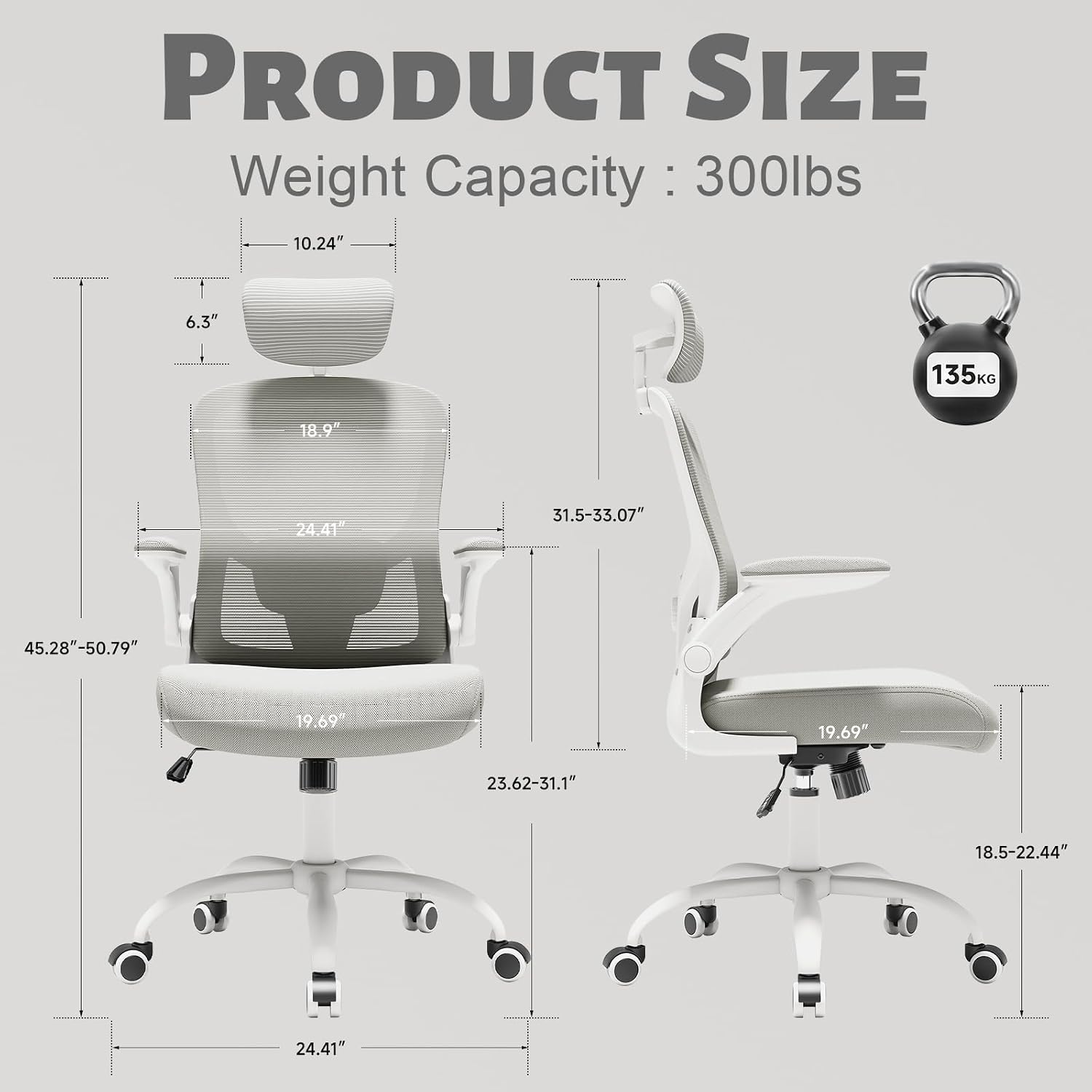 Ergonomic Chair for Office- Study Chair,300lb Gaming Chair, Mesh Comfortable High Back Chair, Headrest, Lumbar Support, Armrest, Comfy Seat for Man Woman(White-Grey6076)