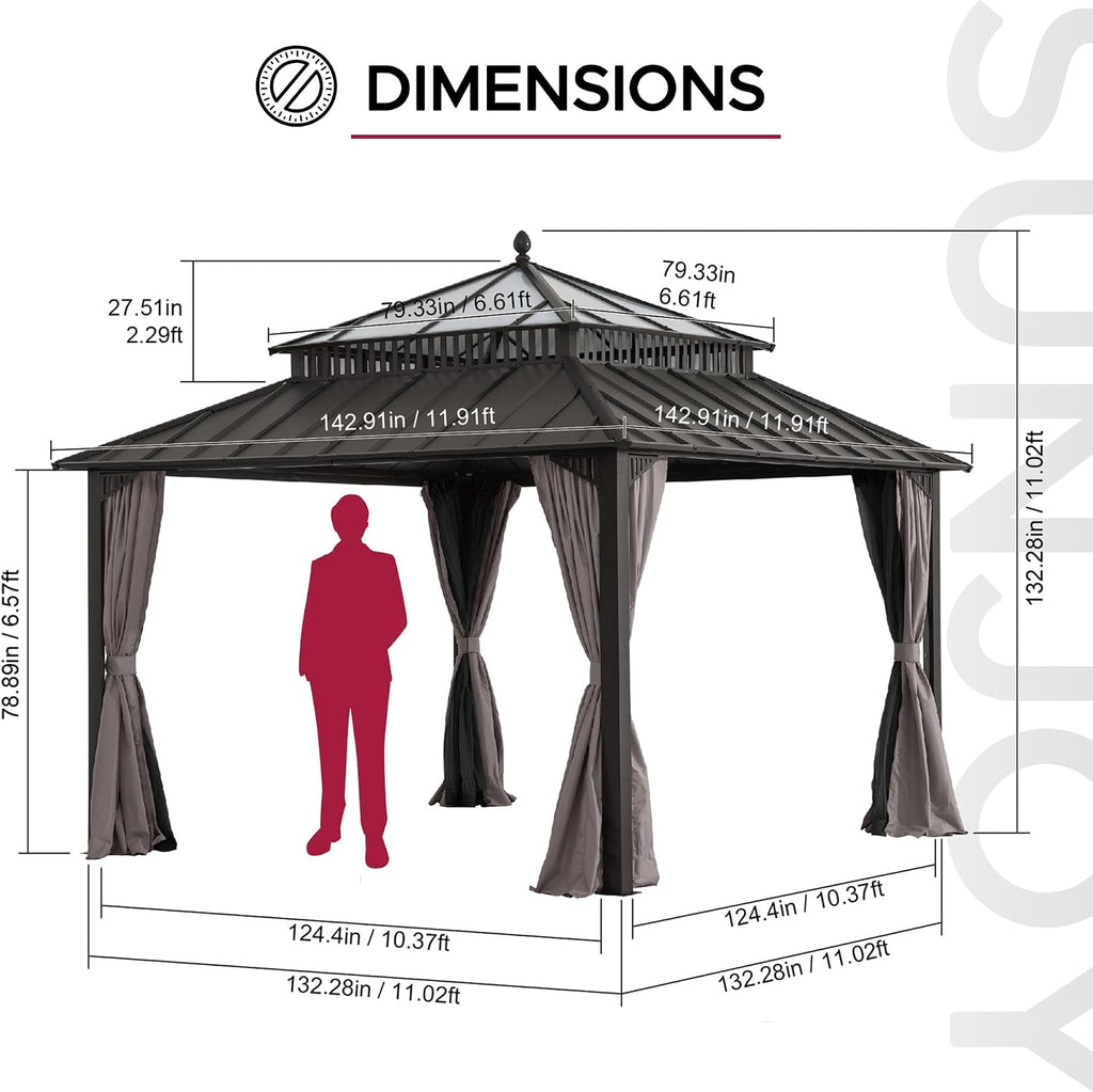 SUNJOY Kingston 12' x 12' Hardtop Gazebo with Galvanized Steel/Polycarbonate Double Roof, Curtain and Netting, Brown Aluminum Posts Permanent Pavilion Gazebo for Garden, Patio, Deck, Lawn