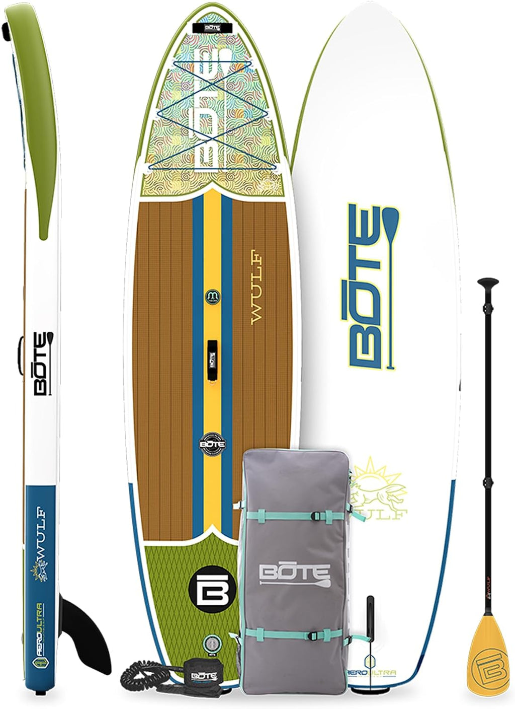 BOTE Wulf Aero Inflatable Stand Up Paddle Board Kit Includes Accessories Adjustable Paddle iSUP Travel Bag Blow Up Pump Safety SUP Coiled Leash Multiple Sizes