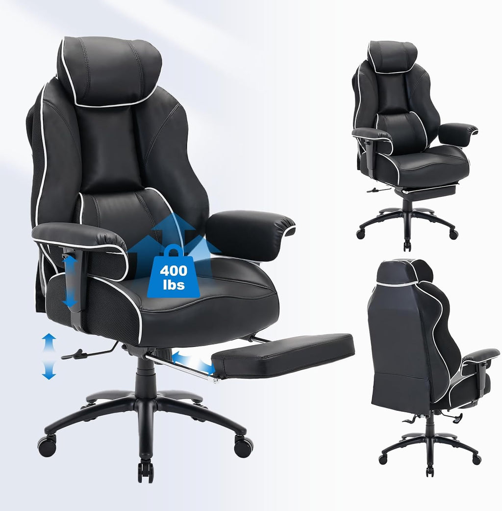DJWang Big and Tall Office Chair with Foot Rest, High Back Executive Office Chair, PU Leather Ergonomic Chair with Lumbar Support, 135 Reclining Chair with Thickened Spring Cushion, Black