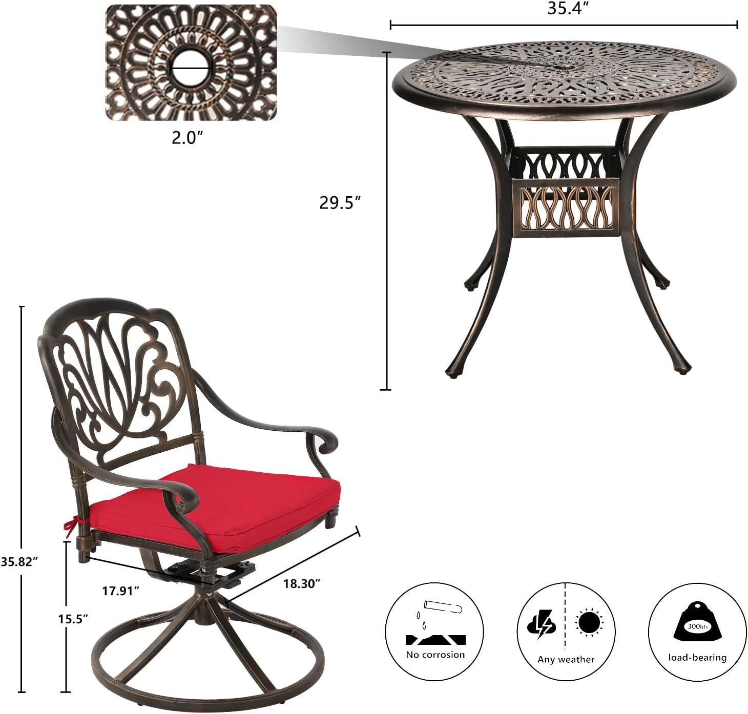 Grepatio 5 Piece Outdoor Dining Set Cast Aluminum Patio Dining Set Table and Chairs Outside Furniture 4 Swivel Chairs with Cushion and 1 Umbrella Round Dining Table for Lawn Garden Patio (Red)