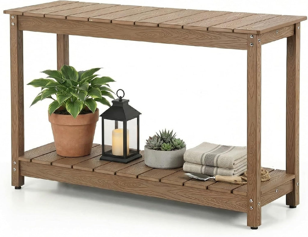 Outdoor Console Table, 48' Weather Resistant HIPS Patio Side Table, 440LBS Weight Capacity, 2-Tier Multifunctional Buffet Bar Storage Organizer for Garden Deck, Teak