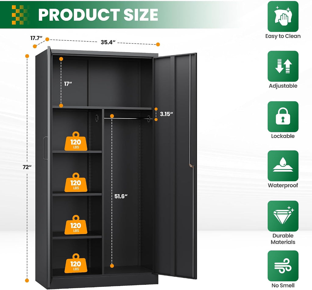 72' H Metal Garage Storage Cabinets, Lockable Broom Closet Cabinet with Hanging Rod & Doors, 5-Tier Steel Utility Cabinets for Garage, Laundry Room, Warehouse Storage, Black