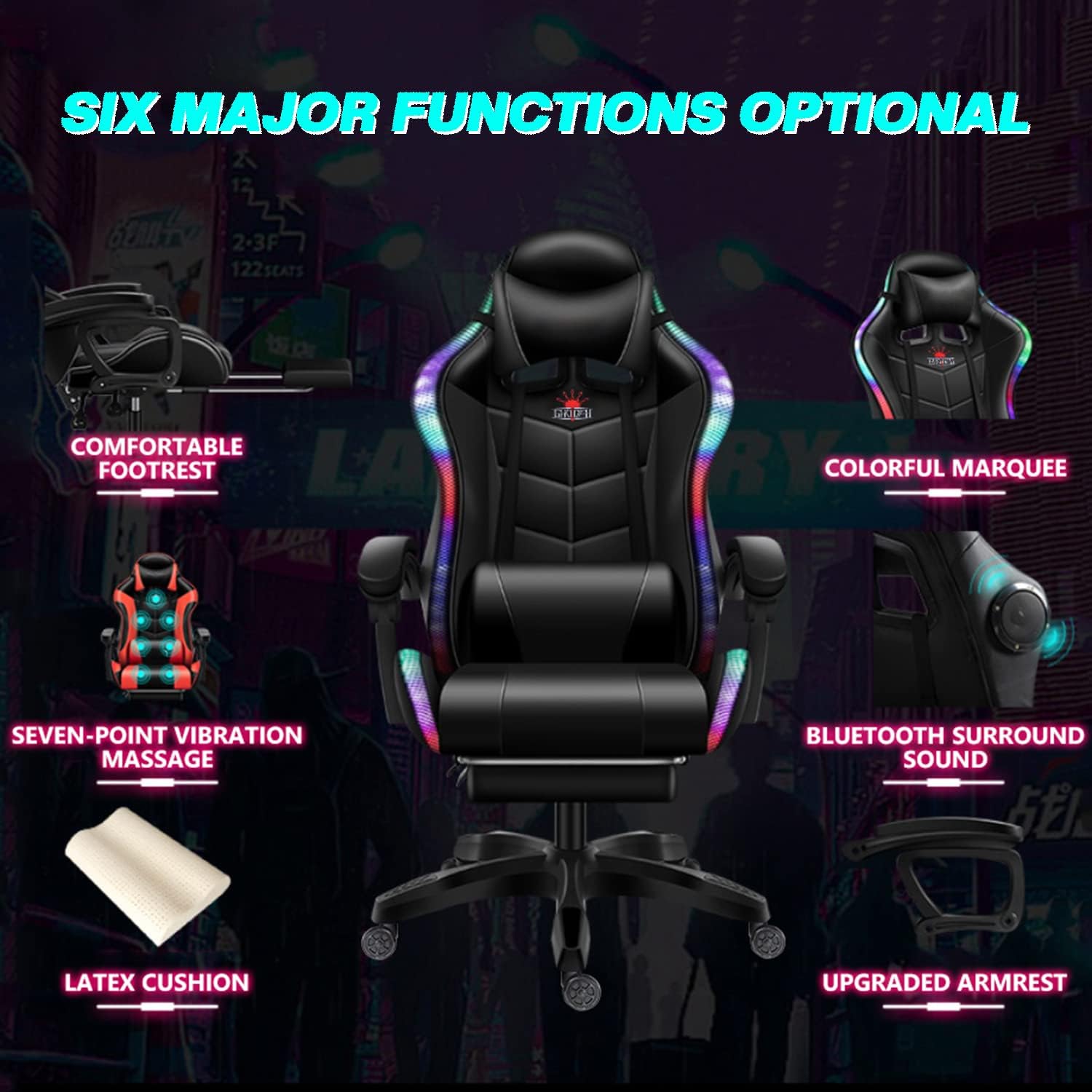 Gaming Chairs for Kids Adults Video Game Chair with LED Lights and Speakers Ergonomic 7-Point Massage Computer Chairs High Back Office Chair with Footrest and Lumbar Support Headrest,Red