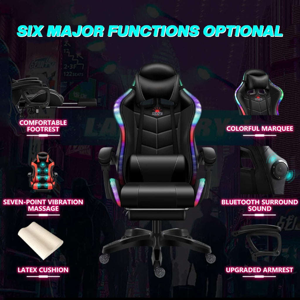 Gaming Chairs for Kids Adults Video Game Chair with LED Lights and Speakers Ergonomic 7-Point Massage Computer Chairs High Back Office Chair with Footrest and Lumbar Support Headrest,Pink