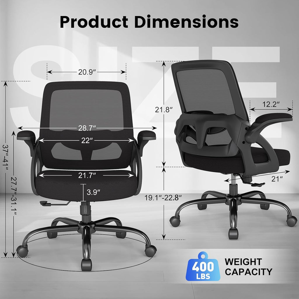 AnyGod Big and Tall Office Chair, Ergonomic Desk Chair Mesh Mid Back with Comfy Lumbar Support Swivel Task Executive Chairs with Wheels, Flip up Arms for Home, Office, Study